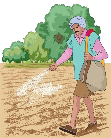 illustration d'un paysan semant des graines dans un champ orageux