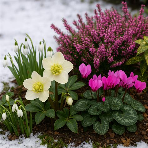 Helleborus niger en fleur dans un jardin enneigé