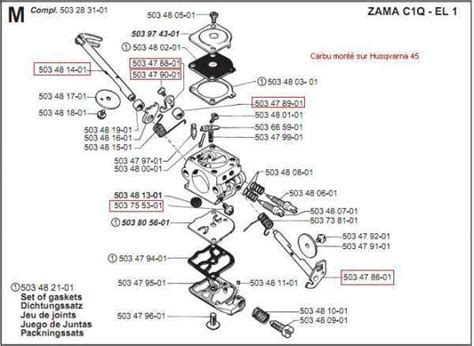 Vue éclatée d'un carburateur ZAMA C1Q montrant les différentes pièces, y compris les membranes