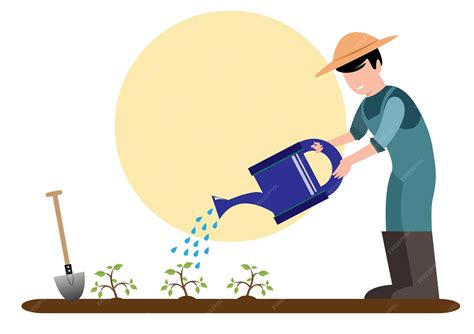Illustration d'un jardinier arrosant son gazon tôt le matin avec un soleil levant