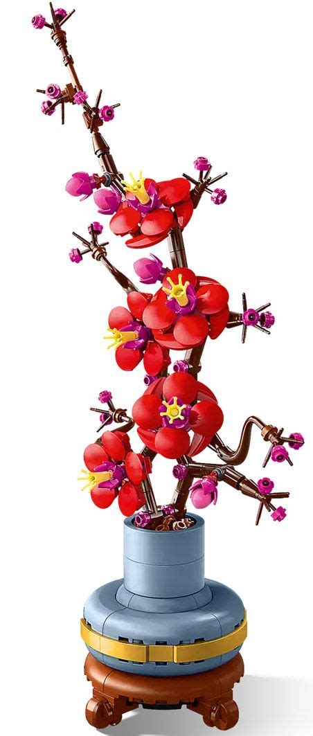 Détail des fleurs rouge vif et magenta du set LEGO Fleur de Prunier