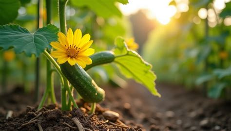 Illustration botanique du plant de concombre avec ses vrilles et ses fleurs jaunes