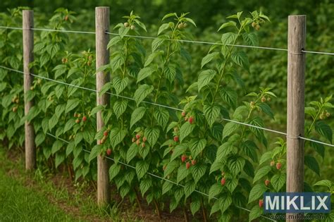 Schéma de montage d'un treillis pour framboisiers avec deux hauteurs de fils de fer