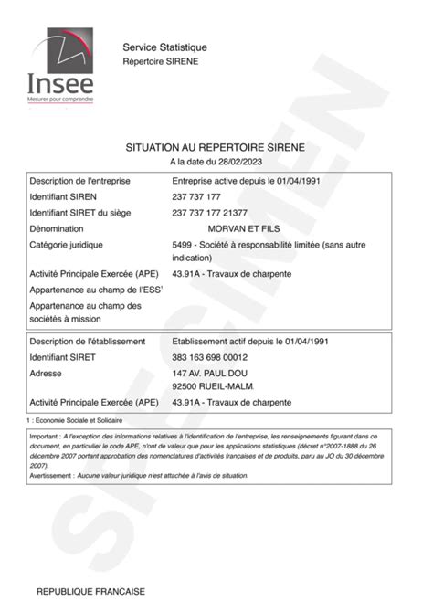Exemple d'un avis de situation INSEE