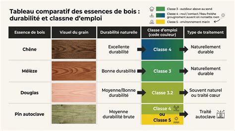 Tableau comparatif des essences de bois : Cèdre, Pin, Douglas, Châtaignier, Mélèze et leurs caractéristiques