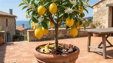 Citronnier avec des fleurs et de jeunes fruits