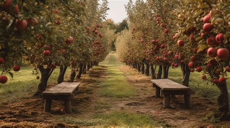Vue panoramique d'un verger en automne avec des rangées de pommiers chargés de fruits