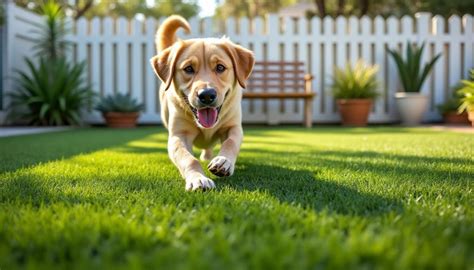 Photo d'un chien jouant sur un gazon synthétique, illustrant la compatibilité