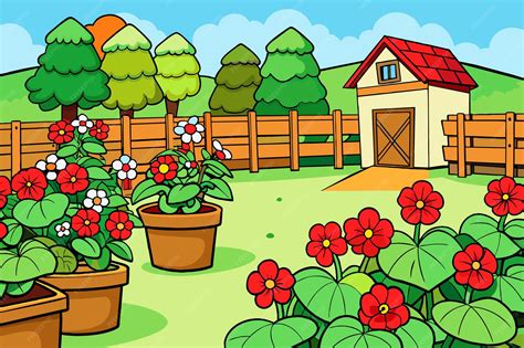 Illustration d'un jardin avec différentes plantes tuteurées