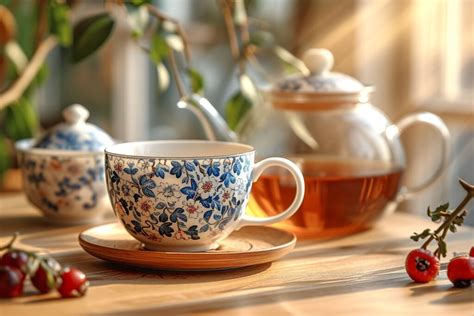 Tasse de thé rouge vif à l'hibiscus avec des tranches de gingembre frais et des feuilles de thé vert