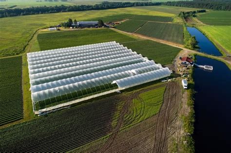 Vue aérienne d'une exploitation agricole moderne avec serres