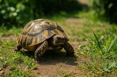 Tortue terrestre broutant dans un jardin