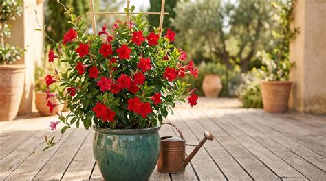 Dipladenia en pleine floraison sur une terrasse ensoleillée