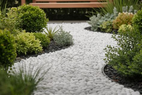 Jardin contemporain avec galets blancs et plantes graphiques