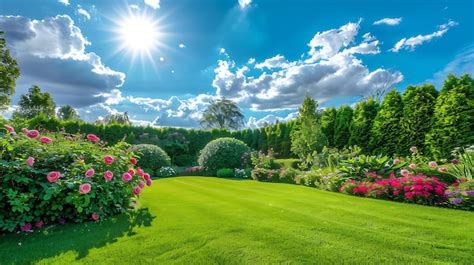 Vue panoramique d'un jardin avec une pelouse rustique bien entretenue