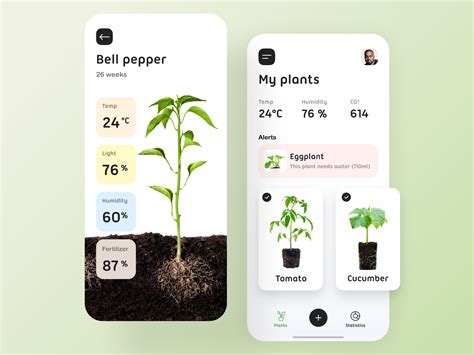 Screenshot of a plant monitoring app interface showing various parameters