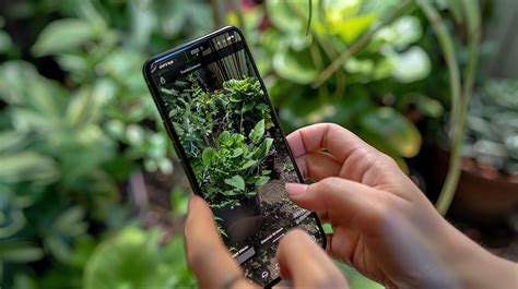 Person checking plant status on a smartphone in a lush garden setting