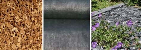 Illustration montrant différents types de paillages : copeaux de bois, ardoise, et écorces de pin dans un jardin aménagé