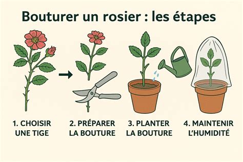 Schéma montrant les étapes de coupe et de préparation de la tige de rosier