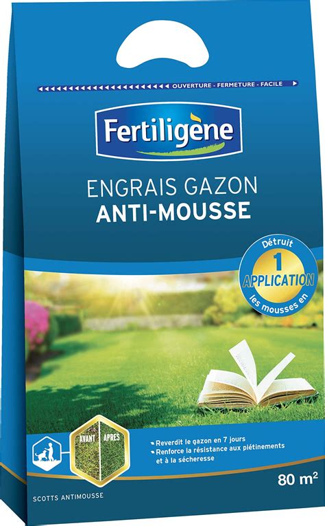 Emballage d'un engrais anti-mousse pour gazon avec mention de sulfate de fer