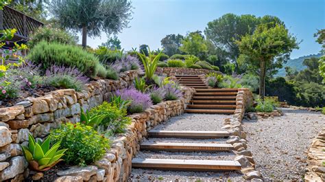 Jardin en pente avec des plantes diverses et un paillage