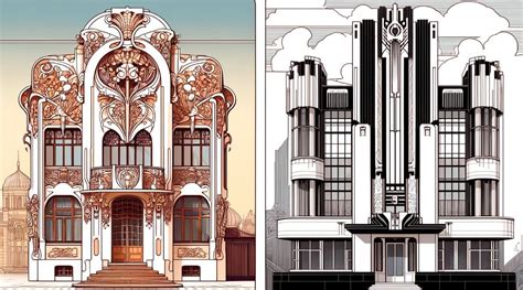 Infographie comparant les caractéristiques de l'Art nouveau et de l'Art déco à travers des éléments architecturaux spécifiques