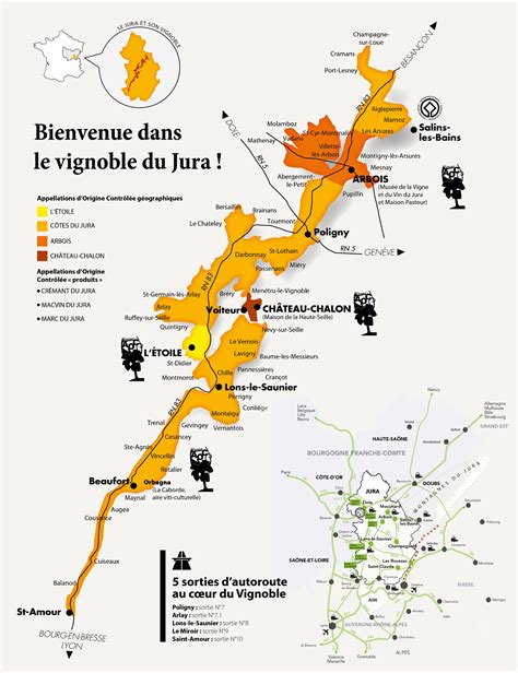 Carte touristique des vins du Jura, mettant en évidence Voiteur et Château-Chalon