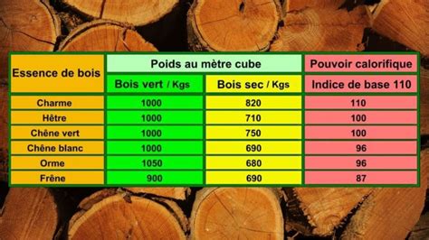 Infographie comparant le pouvoir calorifique de différentes essences de bois