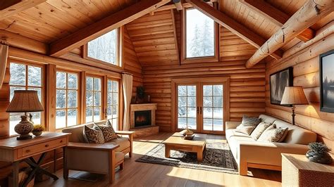 Intérieur d'un chalet en bois chaleureux avec un poêle à bois