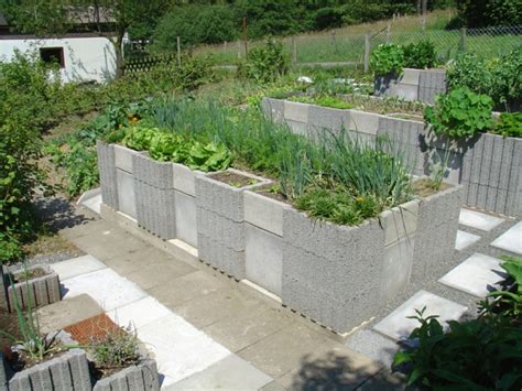 Exemple de jardin surélevé en blocs de béton avec différentes cultures