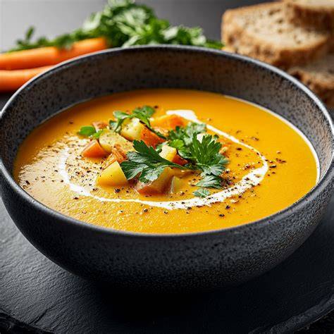 une assiette de potage onctueux aux carottes et pommes fumantes sur une table en bois