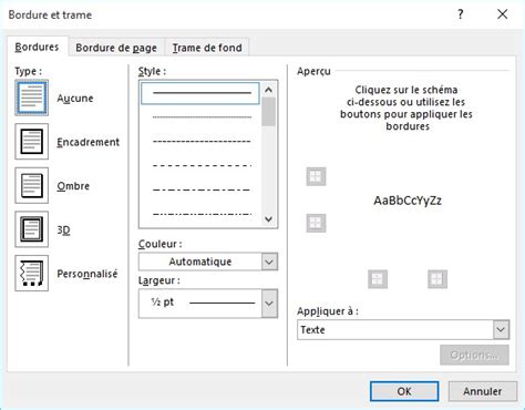 Boîte de dialogue Bordures et trames dans Word