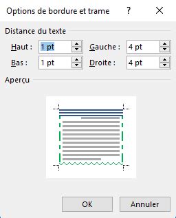 Options de bordure dans la boîte de dialogue Bordures et trames