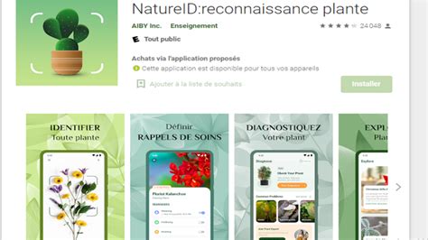 Capture d'écran d'une application d'identification de plantes
