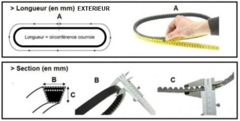 Diagramme des mesures d'une courroie (longueur extérieure, largeur, épaisseur)