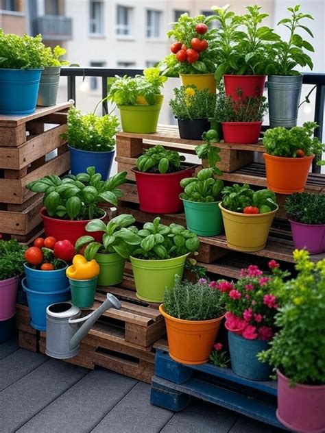 Balcon fleuri avec légumes et herbes aromatiques