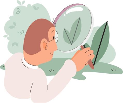 Illustration d'un botaniste observant une plante avec une loupe dans son environnement naturel