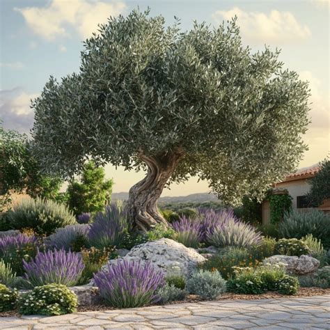 Vue d'ensemble d'un jardin méditerranéen luxuriant avec des oliviers, des lavandes et des herbes aromatiques