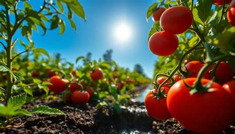 Un champ de plants de tomates robustes sous un soleil ardent