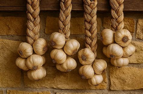 Tresses d'échalotes séchées suspendues dans une cuisine traditionnelle