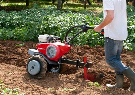 Motobineuse en action dans un potager