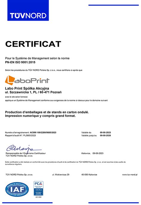 certificat de qualité