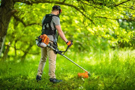Débroussailleuse thermique en action dans un jardin