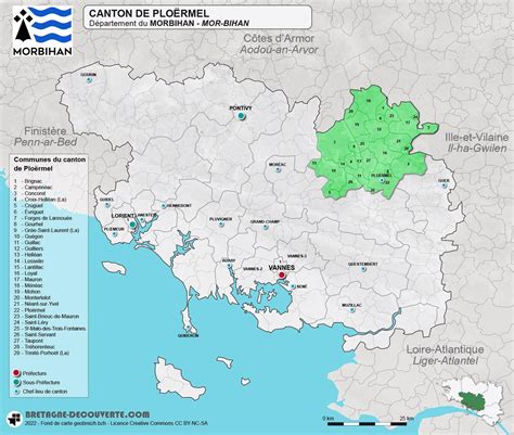 Carte de la région de Ploërmel et Taupont, mettant en évidence le Lac au Duc et les sites des hortensias