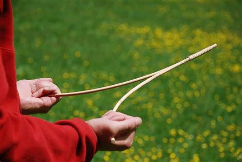 Représentation artistique d'une baguette de sourcier en bois de noisetier dans un environnement forestier mystique