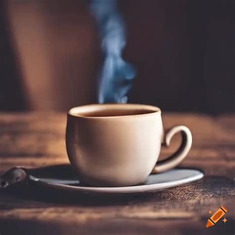 Une tasse de café fumant à côté d'un bol de marc de café frais sur une table en bois