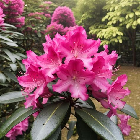 Illustration d'un rhododendron en pleine floraison avec des gouttelettes d'eau sur ses feuilles