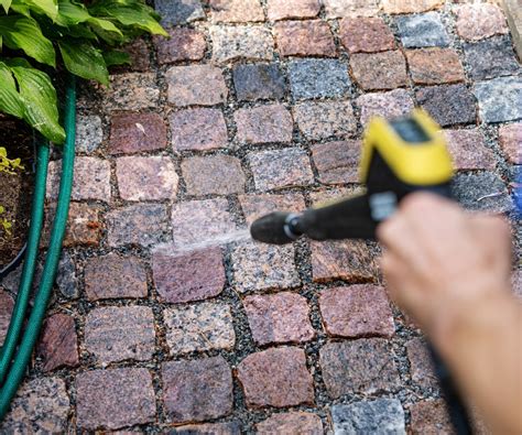 Photo d'une allée de jardin propre nettoyée avec un nettoyeur haute pression à côté d'une pelouse aérée