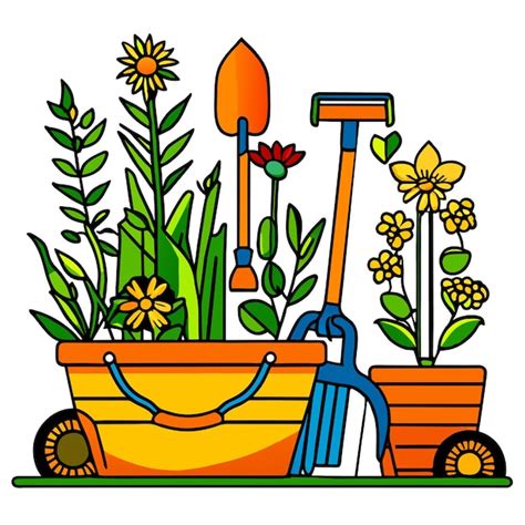 Illustration d'un jardin potager luxuriant avec des outils de jardinage à côté d'un flacon de savon noir