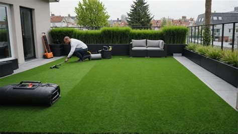 Installation de gazon synthétique sur une terrasse aménagée